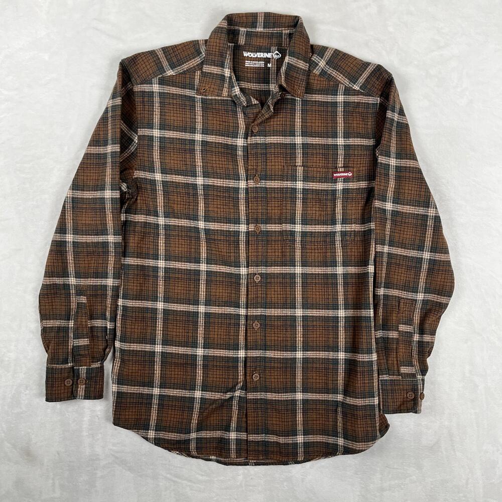 Wolverine Shirt Mens Medium Brown Plaid Flannel Long Sleeve Button Front Casual